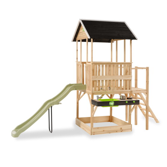 Casetta da gioco in legno per bambini EXIT Panorama 550 con scivolo, cucina giocattolo e sabbiera