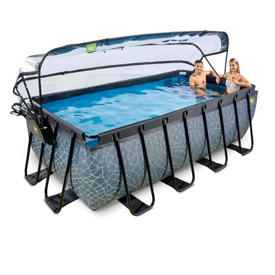 Piscina EXIT Stone 400x200x122cm con pompa filtro a sabbia e copertura - grigia