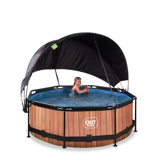 Piscina EXIT Wood &oslash;244x76cm con pompa filtro e pensilina - marrone