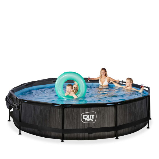 Piscina EXIT Black Wood &oslash;360x76cm con pompa filtro e pensilina - nero