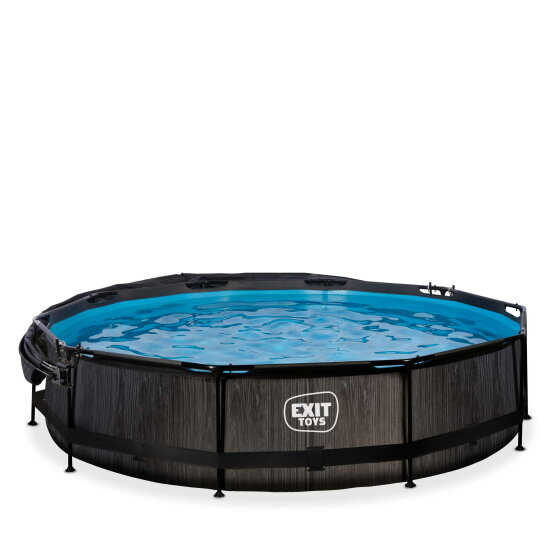 Piscina EXIT Black Wood &oslash;360x76cm con pompa filtro e pensilina - nero