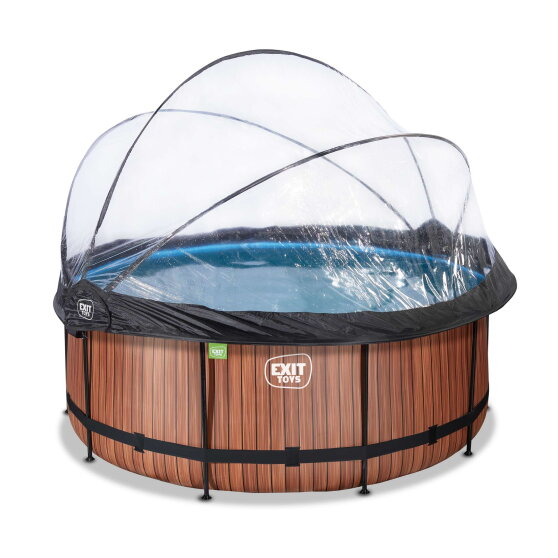 Piscina EXIT Wood ø360x122cm con pompa filtro a sabbia e copertura e pompa di calore - marrone