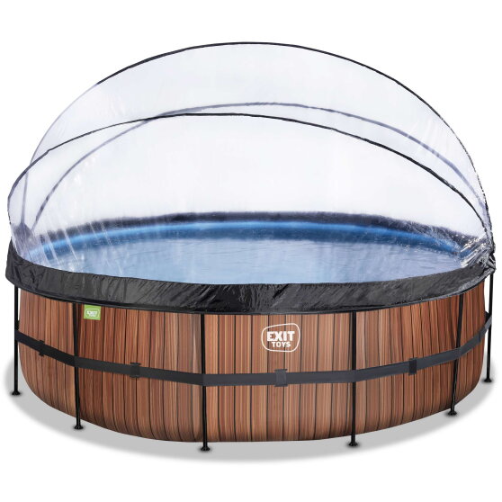 Piscina EXIT Wood ø488x122cm con pompa filtro a sabbia e copertura e pompa di calore - marrone