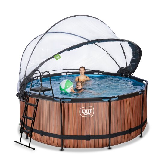 EXIT Wood pool ø360x122cm with sand filter pump and dome and heat pump - brown