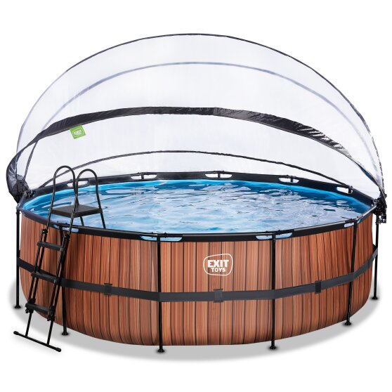 EXIT Wood pool ø450x122cm with sand filter pump and dome and heat pump - brown