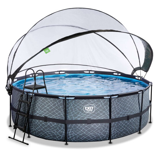 Piscina EXIT Stone &oslash;427x122cm con pompa filtro a sabbia e copertura e pompa di calore - grigio
