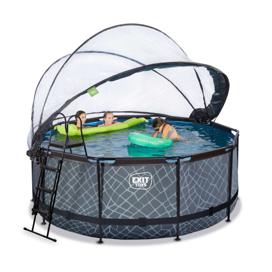 Piscina EXIT Stone ø360x122cm con pompa filtro a sabbia e copertura e pompa di calore - grigio