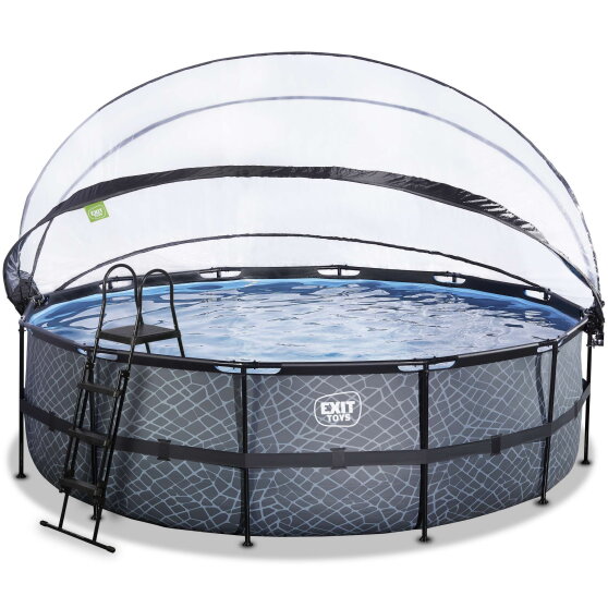 Piscina EXIT Stone &oslash;488x122cm con pompa filtro a sabbia e copertura e pompa di calore - grigia