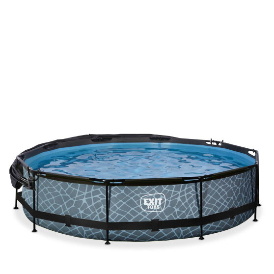 Piscina EXIT Stone &oslash;360x76cm con pompa filtro e pensilina - grigio