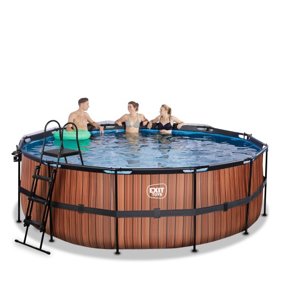 EXIT Wood pool ø427x122cm with sand filter pump and dome - brown