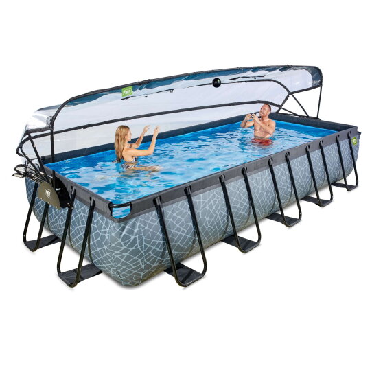 Piscina EXIT Stone 540x250x100cm con pompa filtro a sabbia e copertura e pompa di calore - grigio