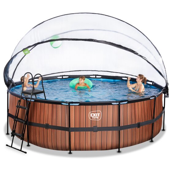 EXIT Wood pool ø450x122cm with sand filter pump and dome and heat pump - brown