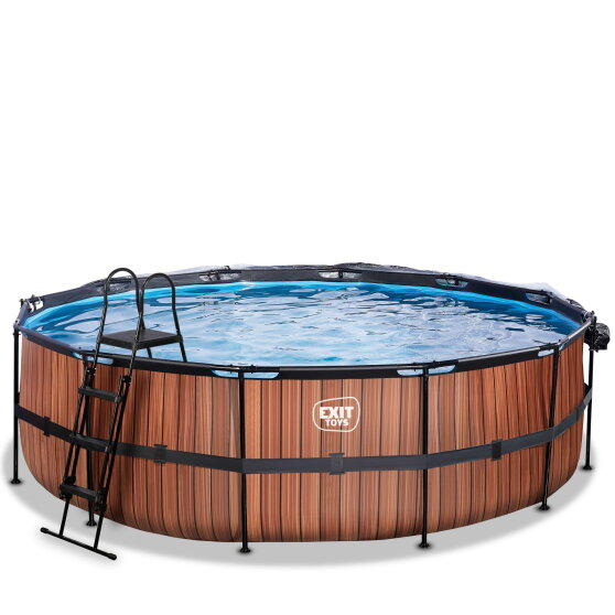 Piscina EXIT Wood ø488x122cm con pompa filtro a sabbia e copertura e pompa di calore - marrone