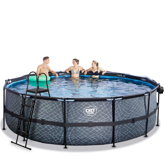 Piscina EXIT Stone ø488x122cm con pompa filtro a sabbia e copertura e pompa di calore - grigia