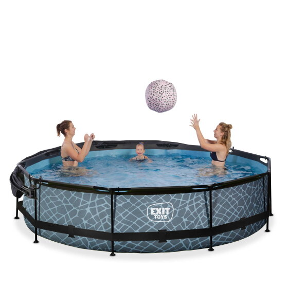 Piscina EXIT Stone &oslash;360x76cm con pompa filtro e pensilina - grigio
