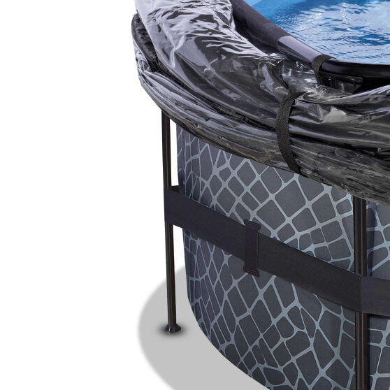 Piscina EXIT Stone ø488x122cm con pompa filtro a sabbia e copertura e pompa di calore - grigia