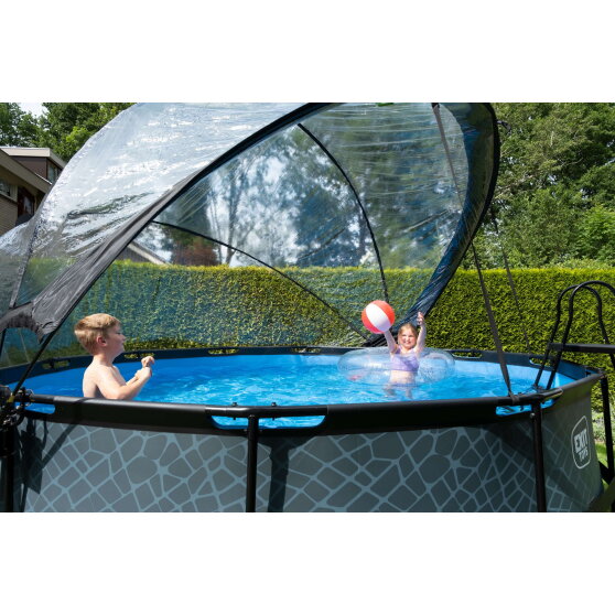 Piscina EXIT Stone &oslash;427x122cm con pompa filtro a sabbia e copertura - grigio