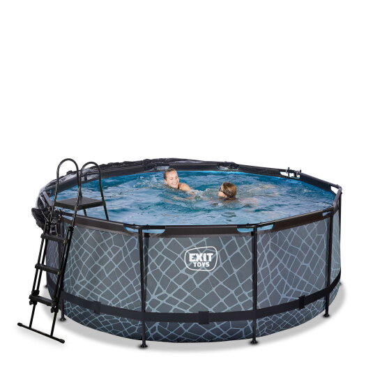 Piscina EXIT Stone ø360x122cm con pompa filtro a sabbia e copertura e pompa di calore - grigio