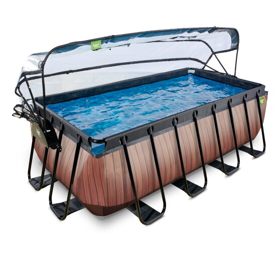 EXIT Wood pool 400x200x122cm with sand filter pump and dome and heat pump - brown