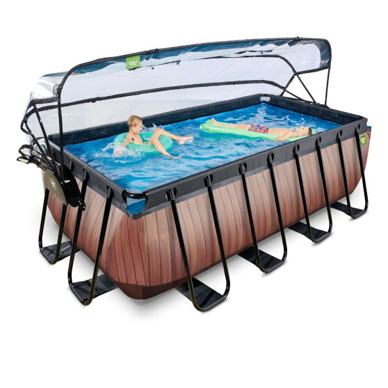 Piscina EXIT Wood 400x200x122cm con pompa filtro a sabbia e copertura e pompa di calore - marrone