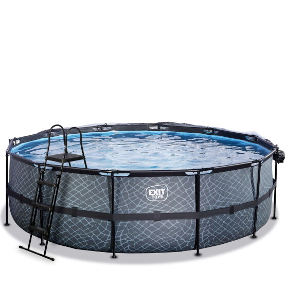 Piscina EXIT Stone ø488x122cm con pompa filtro a sabbia e copertura e pompa di calore - grigia