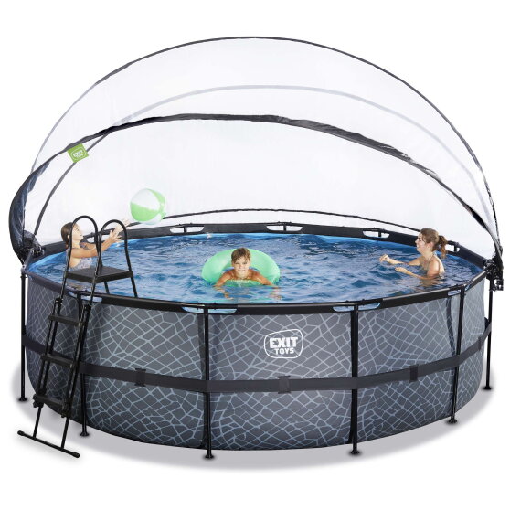 Piscina EXIT Stone &oslash;450x122cm con pompa filtro a sabbia e copertura - grigio