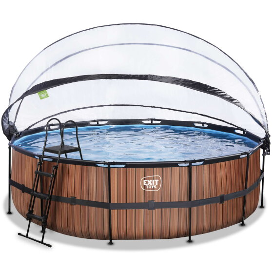 Piscina EXIT Wood &oslash;488x122cm con pompa filtro a sabbia e copertura e pompa di calore - marrone