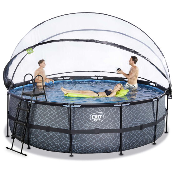 Piscina EXIT Stone &oslash;450x122cm con pompa filtro a sabbia e copertura - grigio