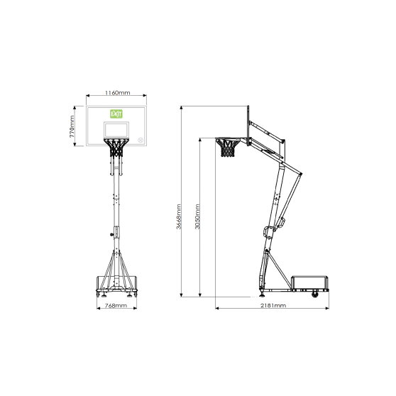 Tabellone da basket portatile su ruote EXIT Galaxy con canestro da schiacciata - verde/nero