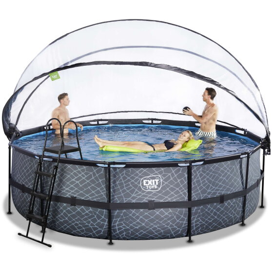 Piscina EXIT Stone ø488x122cm con pompa filtro a sabbia e copertura e pompa di calore - grigia