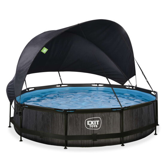Piscina EXIT Black Wood &oslash;360x76cm con pompa filtro e pensilina - nero