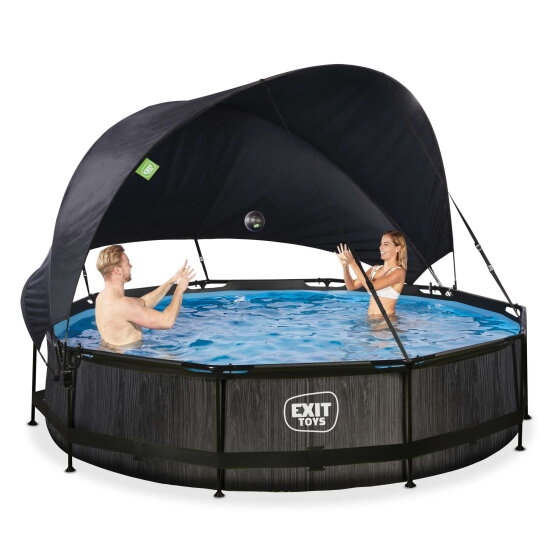 Piscina EXIT Black Wood &oslash;360x76cm con pompa filtro e pensilina - nero