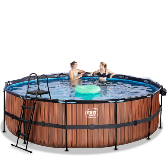 Piscina EXIT Wood ø488x122cm con pompa filtro a sabbia e copertura e pompa di calore - marrone