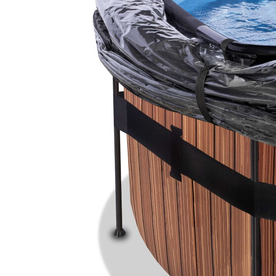 Piscina EXIT Wood ø488x122cm con pompa filtro a sabbia e copertura e pompa di calore - marrone