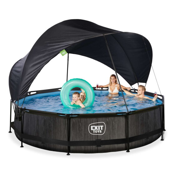 Piscina EXIT Black Wood &oslash;360x76cm con pompa filtro e pensilina - nero