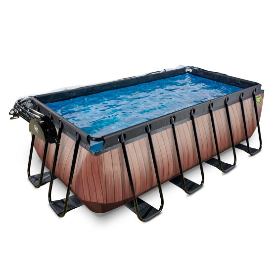 EXIT Wood pool 400x200x122cm with sand filter pump and dome and heat pump - brown
