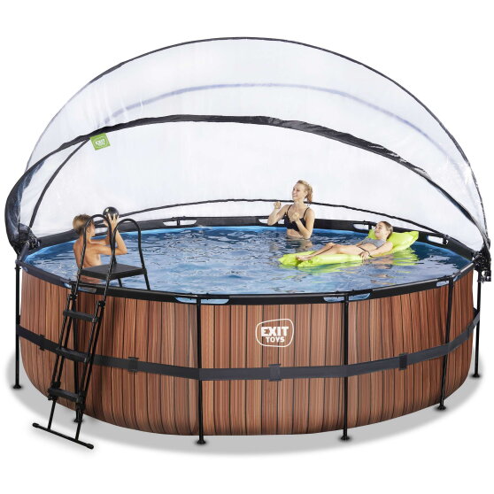 Piscina EXIT Wood ø488x122cm con pompa filtro a sabbia e copertura e pompa di calore - marrone