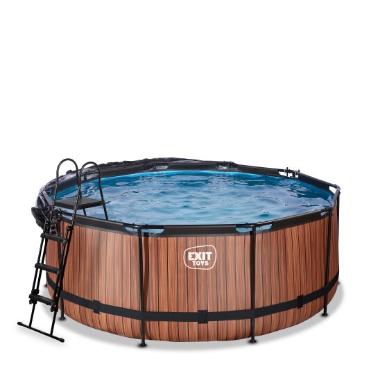 EXIT Wood pool ø360x122cm with sand filter pump and dome and heat pump - brown