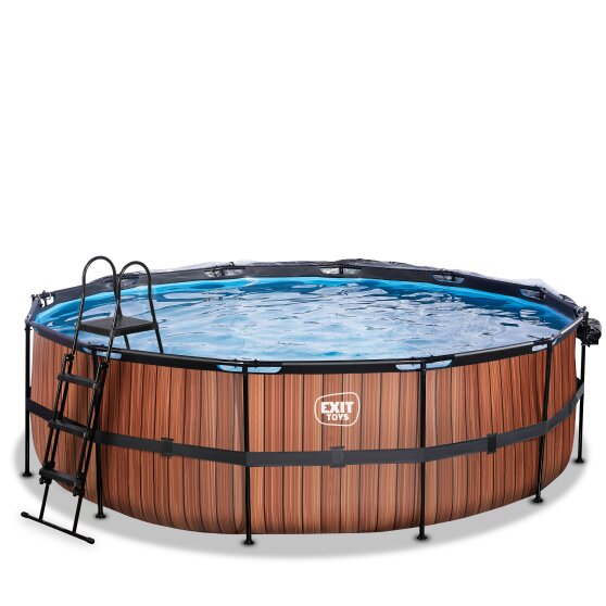EXIT Wood pool ø450x122cm with sand filter pump and dome and heat pump - brown