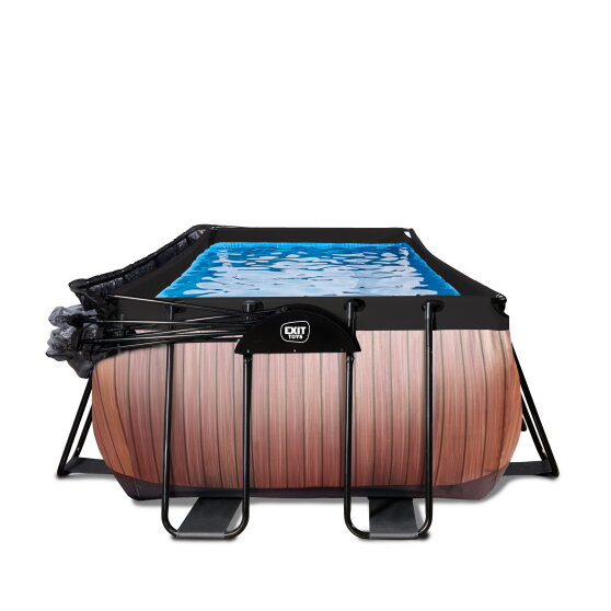 EXIT Wood pool 400x200x122cm with sand filter pump and dome and heat pump - brown