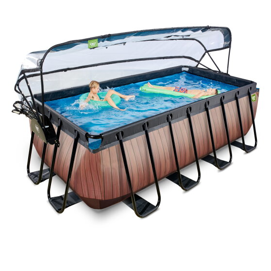 EXIT Wood pool 400x200x122cm with sand filter pump and dome and heat pump - brown