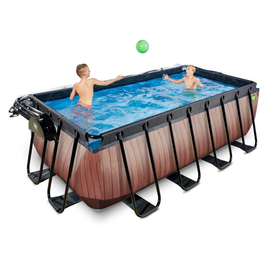 EXIT Wood pool 400x200x122cm with sand filter pump and dome and heat pump - brown
