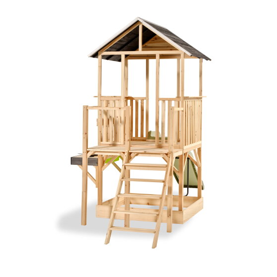 Casetta da gioco in legno per bambini EXIT Panorama 550 con scivolo, cucina giocattolo e sabbiera