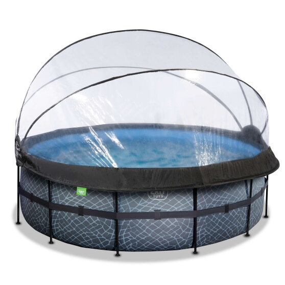 Piscina EXIT Stone ø427x122cm con pompa filtro a sabbia e copertura e pompa di calore - grigio