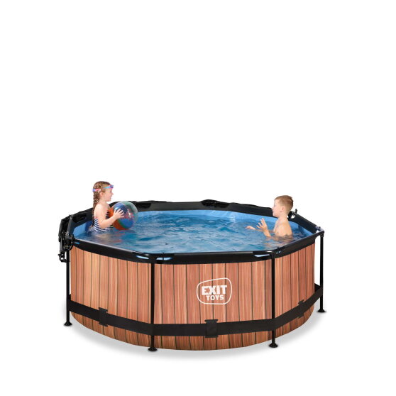 Piscina EXIT Wood &oslash;244x76cm con pompa filtro e pensilina - marrone