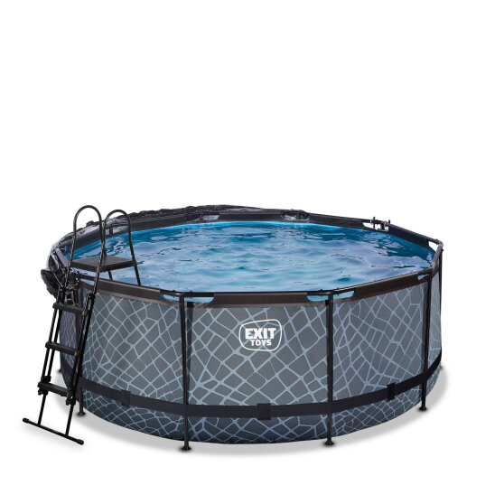Piscina EXIT Stone ø360x122cm con pompa filtro a sabbia e copertura e pompa di calore - grigio