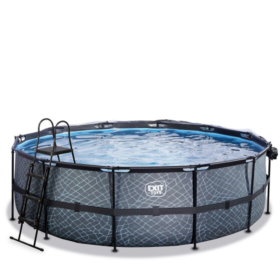 Piscina EXIT Stone &oslash;450x122cm con pompa filtro a sabbia e copertura - grigio