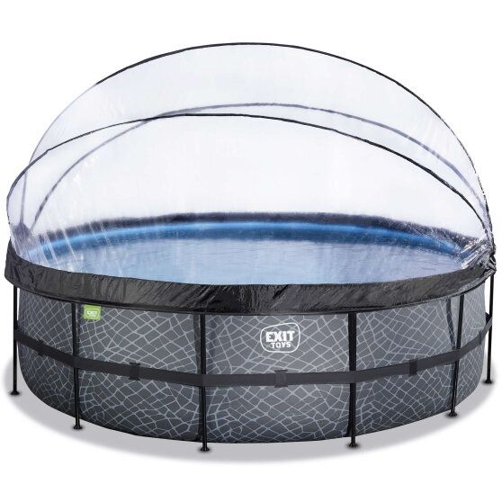 Piscina EXIT Stone ø488x122cm con pompa filtro a sabbia e copertura e pompa di calore - grigia