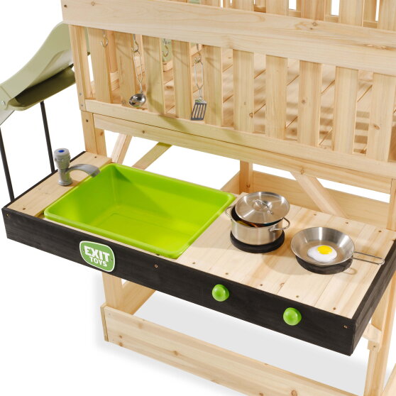 Casetta da gioco in legno per bambini EXIT Panorama 350 con scivolo e cucina giocattolo