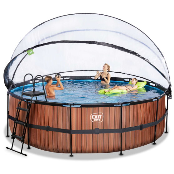 Piscina EXIT Wood ø450x122cm con pompa filtro a sabbia e copertura e pompa di calore - marrone